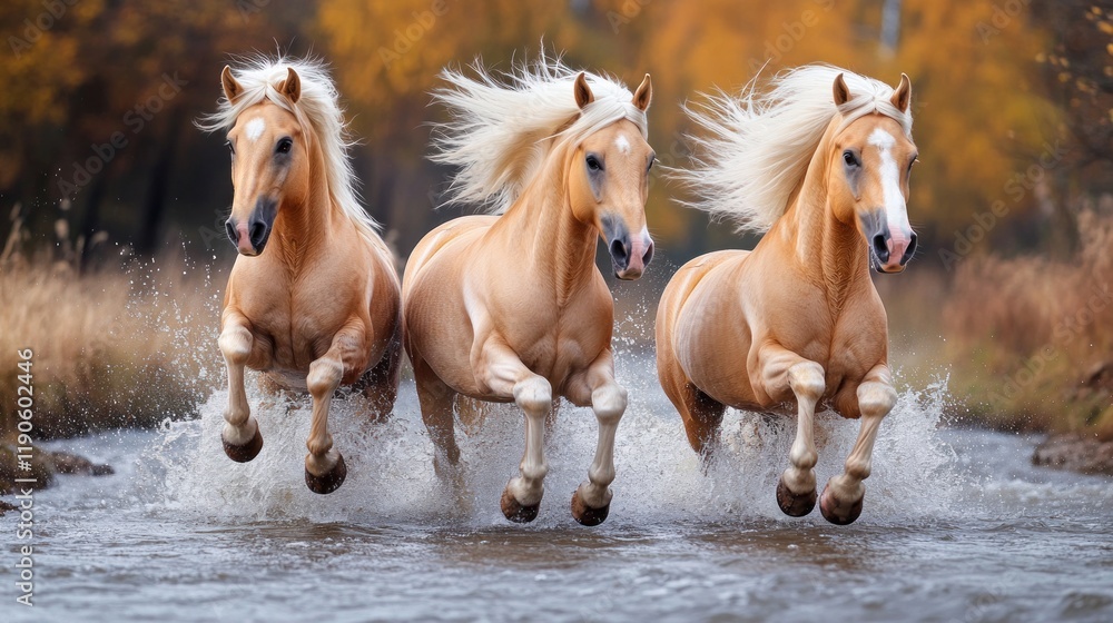 Obraz premium Three palomino horses gallop autumn stream
