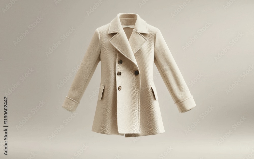 A cream-colored wool coat mockup with elegant buttons, gracefully hovering on a soft light gray background A cream-colored wool coat mockup with elegant buttons, gracefully hovering on a soft light gray background