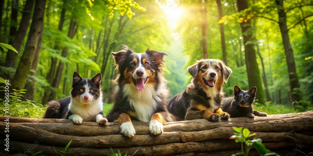 Obraz premium Happy Australian Shepherd, Black Cat, and Dogs Relaxing on Log - Aerial View