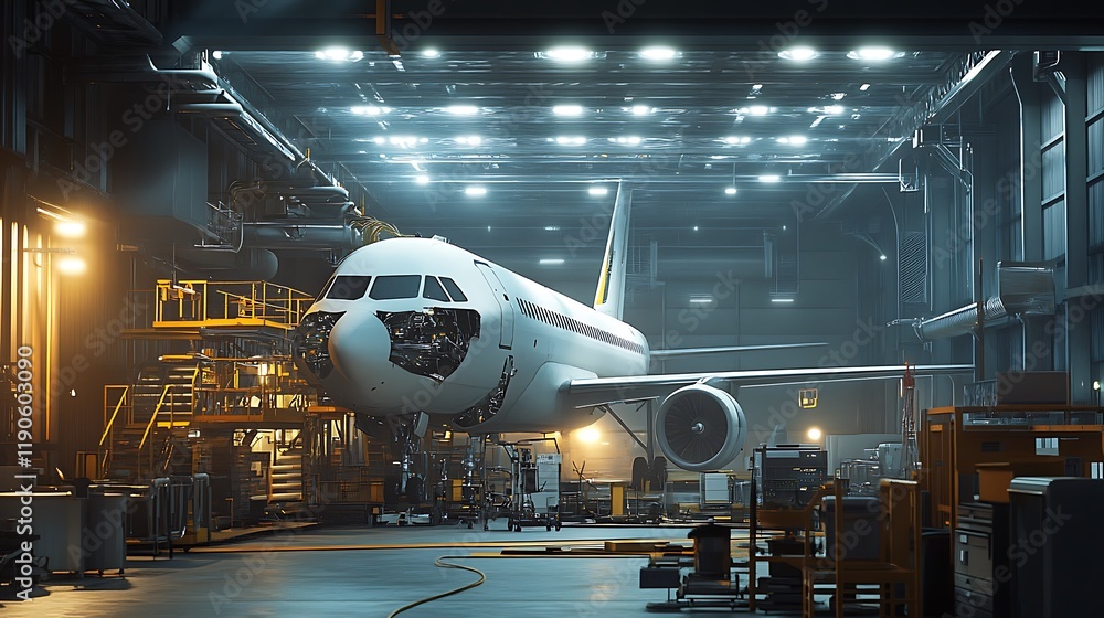 Fototapeta premium Airplane undergoing maintenance in a hangar