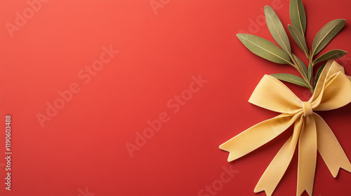 Close Up of a Bay Leaf Bouquet Tied With a Pasta Bow Isolated on a Red Background, Room for Copy, Room for Text, Italian Cuisine, Graphic Resource