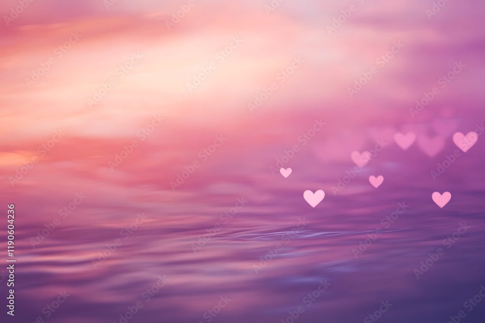 Romantic Pink Sunset: Hearts Above Serene Waterscape Romantic Pink Sunset: Hearts Above Serene Waterscape