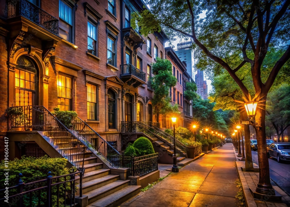 Fototapeta premium Brooklyn Heights Night, Low Light Residential Street, NYC