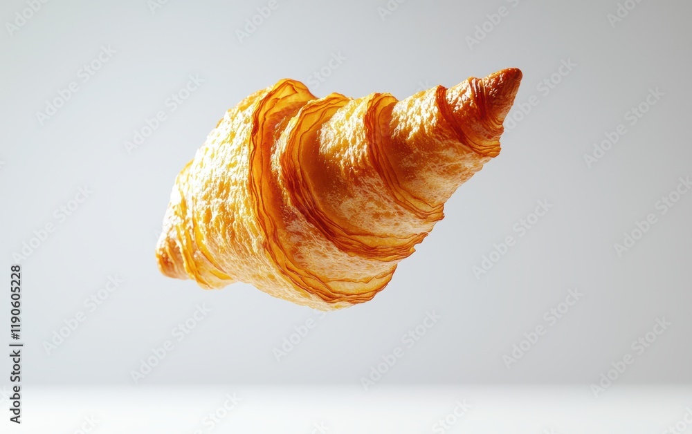 A flying croissant with golden layers, hovering gracefully on a clean white backdrop A flying croissant with golden layers, hovering gracefully on a clean white backdrop