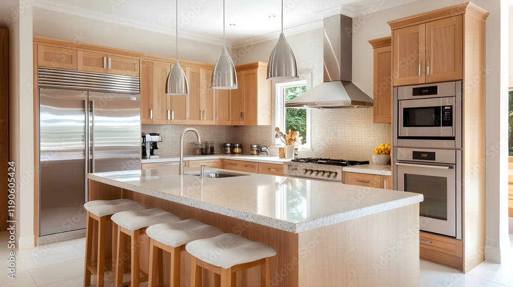 Fototapeta premium Kitchen interior with island and modern appliances, homely appeal