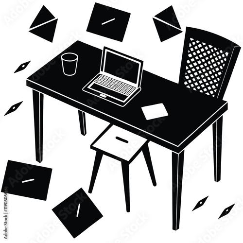 Chaotic Home Office with Scattered Papers and Laptop Silhouette desk  
