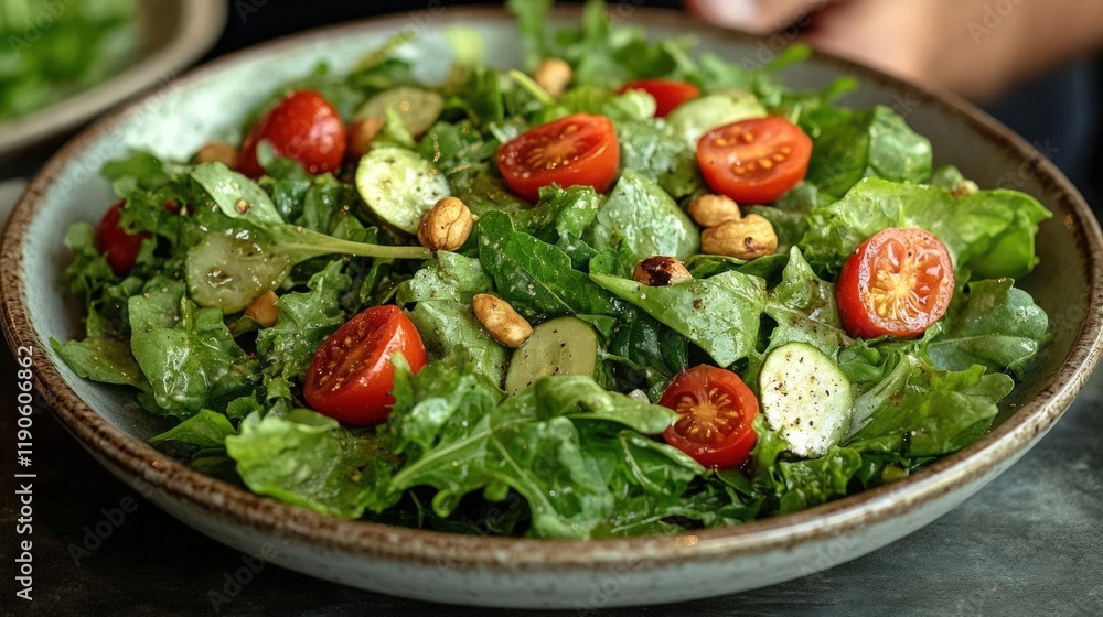 A vibrant green salad with ripe tomatoes, crisp cucumbers, and crunchy nuts, served in a rustic bowl A vibrant green salad with ripe tomatoes, crisp cucumbers, and crunchy nuts, served in a rustic bowl