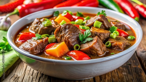 Hearty Beef Stew Close-Up: Rustic White Bowl, Greens & Red Peppers photo