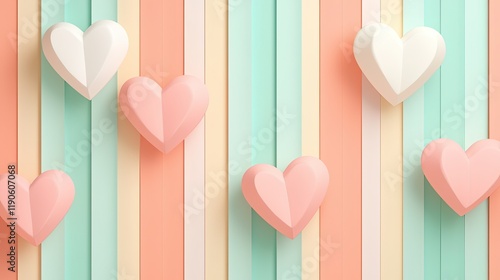 Fototapeta Naklejka Na Ścianę i Meble -  3D valentines pastel stripes background. A colorful background with pastel stripes features heart-shaped decorations in pink and white, creating a cheerful and romantic atmosphere.
