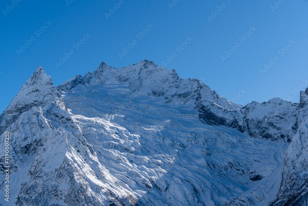Obraz premium Snowy peaks and glaciers cover giant rocks. Pine and spruce forests grow at foot of mountains. which Majestic mountains against blue sky. Sunny day. Autumn 2024. Karachay-Cherkessia. Dombay.