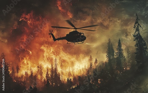 A helicopter airlifting people from a burning forest, with thick smoke rising and flames visible below photo