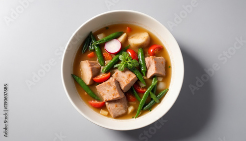 Sinigang Pork Stew with Vegetables Top View Bowl Filipino Dish