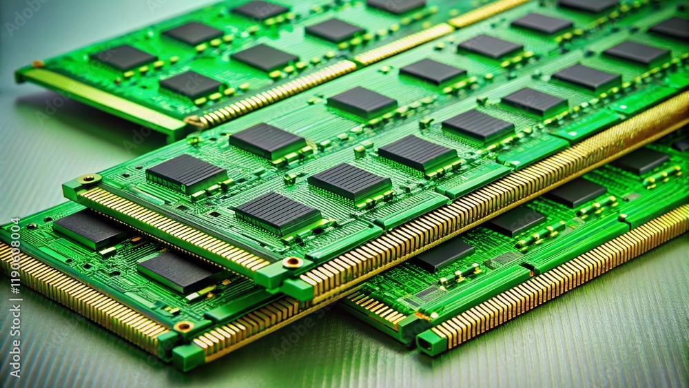 High-Performance Green Computer RAM Modules, Close-Up Product Shot on Clean Background High-Performance Green Computer RAM Modules, Close-Up Product Shot on Clean Background