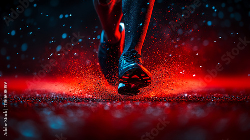 Sprinting at Night, Athlete Explodes From Starting Blocks With Water Splashes and Dramatic Lighting