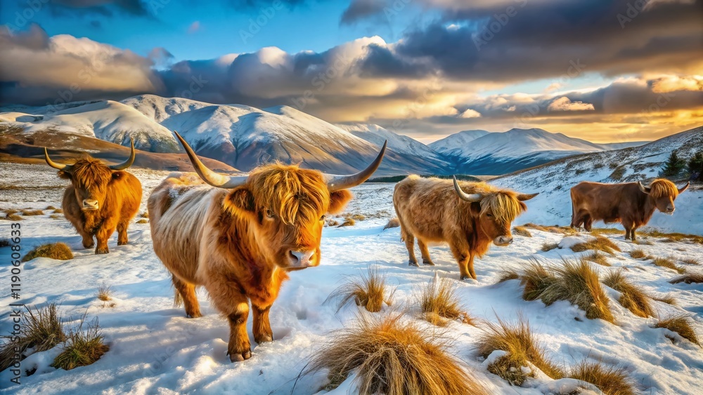 Naklejka premium Highland Cattle Grazing Snowy Scottish Highlands Aerial View
