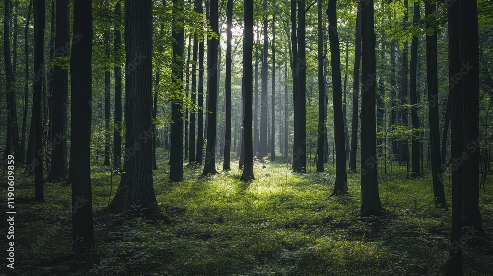 Fototapeta premium Sunlight filters through a dense forest with tall trees casting long shadows on the forest floor