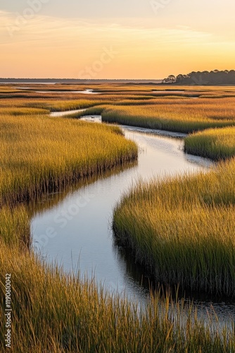 A dynamic image of a marshland during golden hour, with sunlight streaming through tall grasses photo