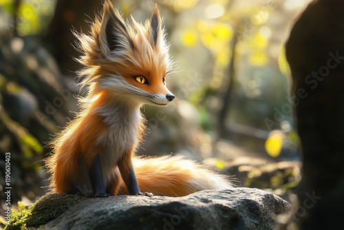 A cute little fox with hair like a dragon's scales is standing very close to a stone in the forest photo