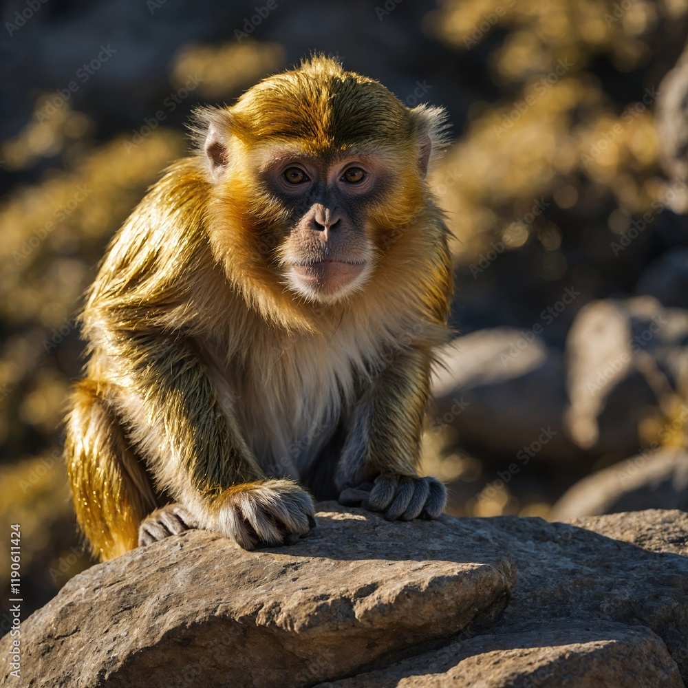 A metallic gold monkey perched on a rock, shimmering in the sunlight. A metallic gold monkey perched on a rock, shimmering in the sunlight.
