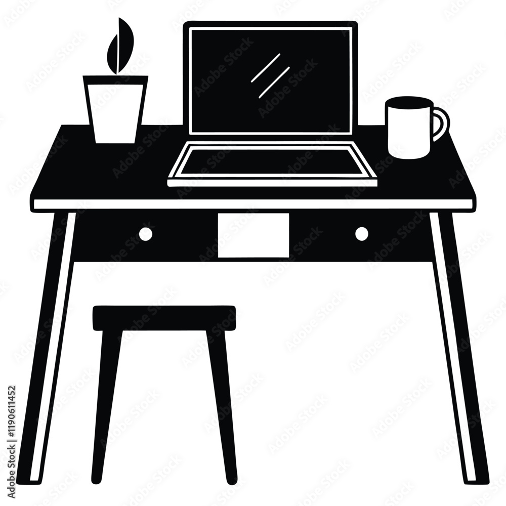 Minimal Home Workspace Desk with Laptop and Drink Silhouette clean Minimal Home Workspace Desk with Laptop and Drink Silhouette clean