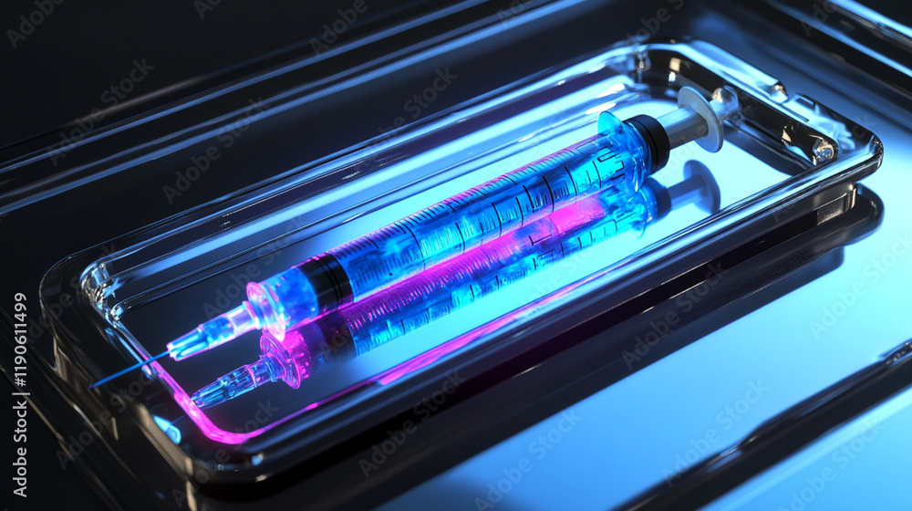 A futuristic 3D design of a glowing blue syringe filled with liquid, resting on a polished metallic medical tray. A futuristic 3D design of a glowing blue syringe filled with liquid, resting on a polished metallic medical tray.