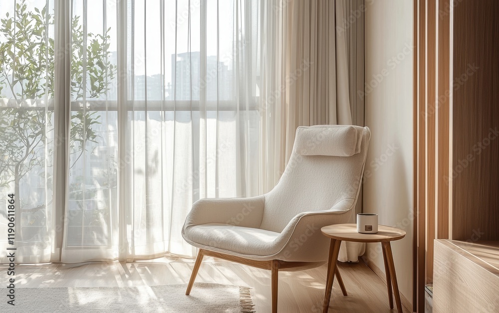 A light-filled reading nook with a sleek armchair, a small side table, and a large window with sheer curtains A light-filled reading nook with a sleek armchair, a small side table, and a large window with sheer curtains