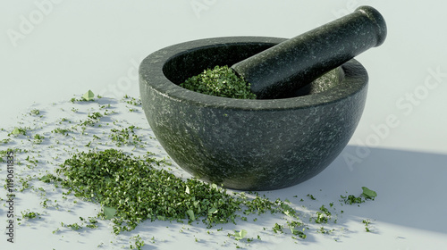 A 3D close-up of a mortar and pestle grinding green herbs, with fine powder scattered around on a white surface. photo