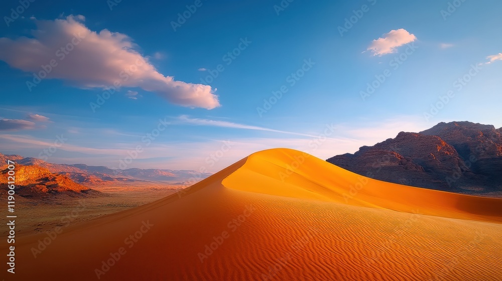 Naklejka premium [Desert landscape at sunrise or sunset with orange and pink hues] Desert Sunset with Orange-Hued Sky and Rolling Dunes