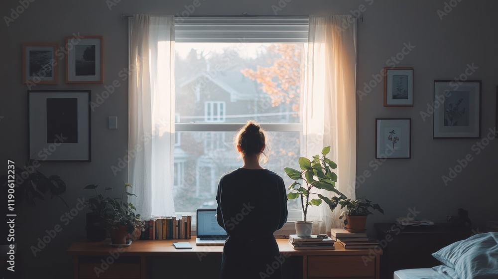 Person with modern arm prosthetic working on laptop in cozy home office with warm lighting and books in a focused environment Person with modern arm prosthetic working on laptop in cozy home office with warm lighting and books in a focused environment