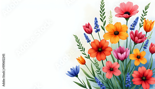Vibrant Watercolor Bouquet with Orange Cosmos and Purple Tulips in Modern Style