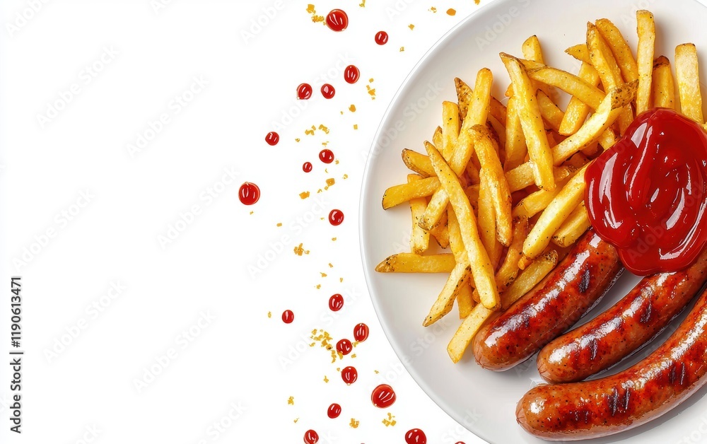 A plate of currywurst with flying fries and curry ketchup on a white background A plate of currywurst with flying fries and curry ketchup on a white background