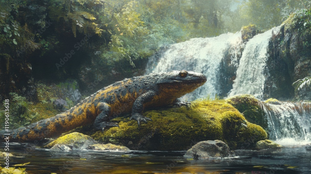 A Japanese giant salamander crawling along a mossy riverbed surrounded by cascading waterfalls