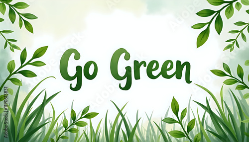 Go Green Typography in Natural Watercolor Style Environmental Message with Copy Space