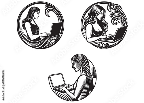 woman working on laptop logo silhouette, woman sitting laptop vector silhouette, silhouette of woman at desk, businesswoman working icon on black and white vector backgrounds