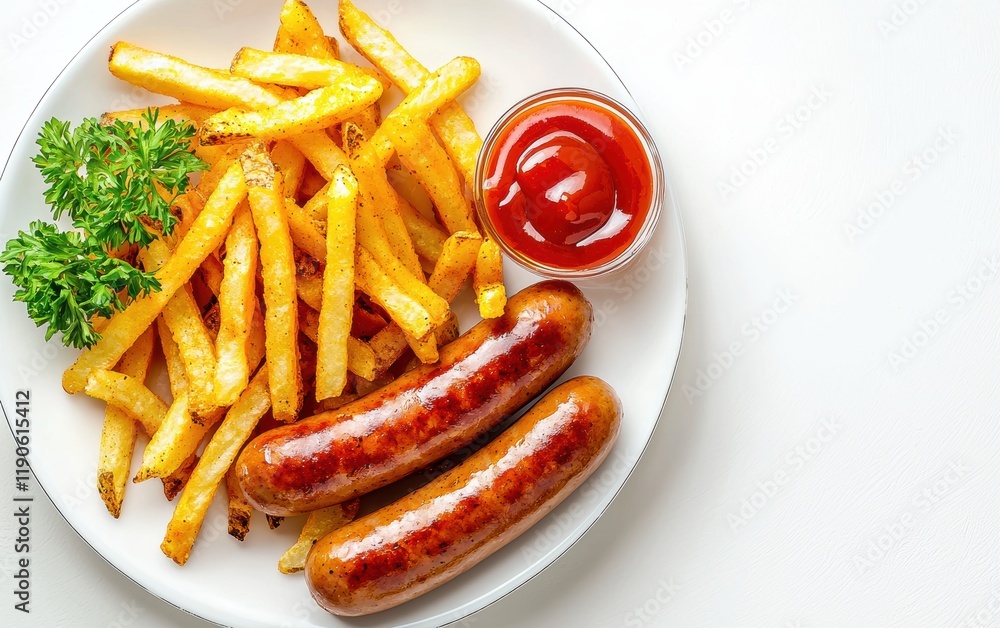 A plate of currywurst with flying fries and curry ketchup on a white background A plate of currywurst with flying fries and curry ketchup on a white background