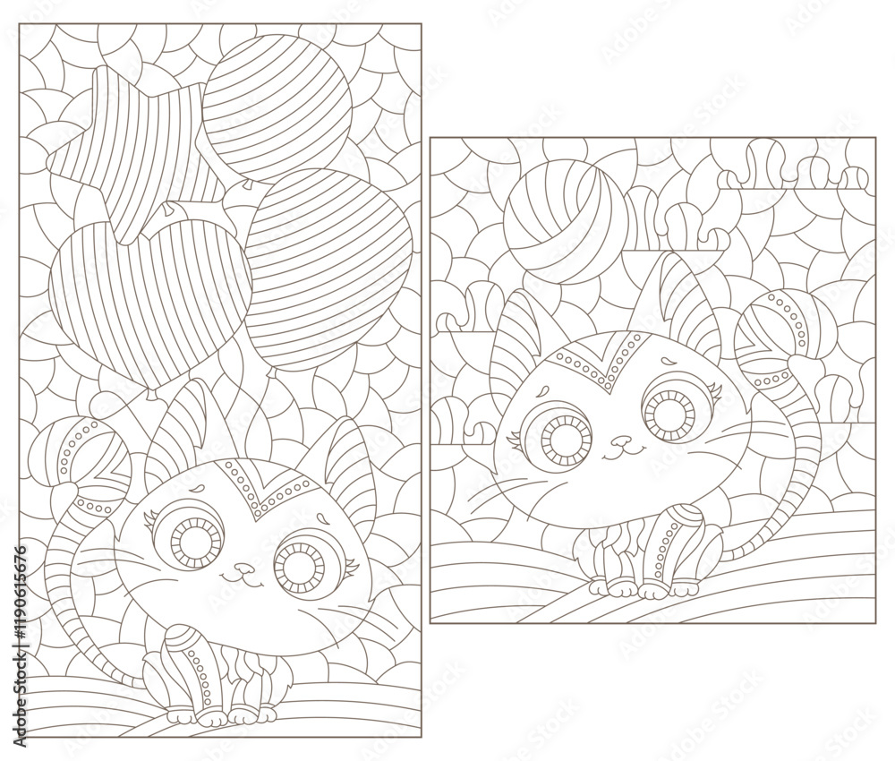 Fototapeta premium A set of contour illustrations in the style of stained glass with cute cartoon kittens, dark outlines on a white background