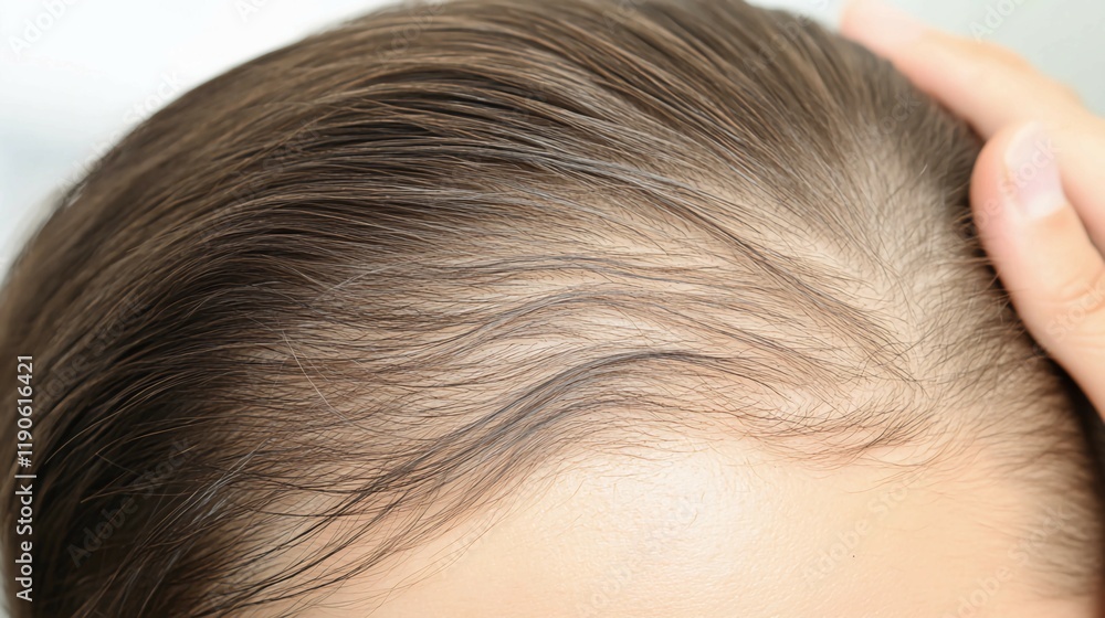 A close-up of a man with sparse hair on top of his head. A close-up of a man with sparse hair on top of his head.
