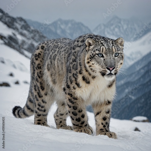 Snow leopard portrait. Snow leopard smirking and walking towards camera. Panthera uncia. Snow leopard. Irbis. Uncia uncia. Portrait close-up.


 photo