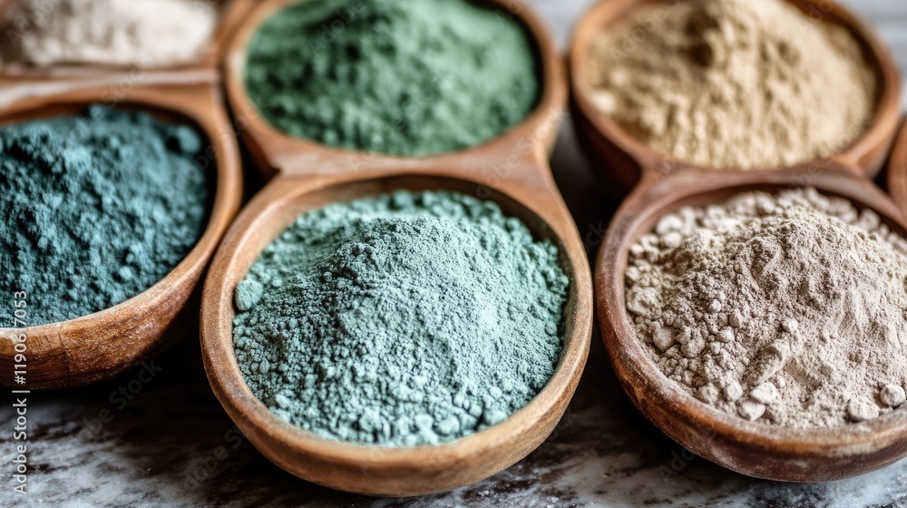 Ancient wellness tools and mineral powders, including green and blue clay for skincare. Ancient wellness tools and mineral powders, including green and blue clay for skincare.