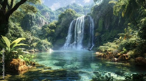 A waterfall cascading into a clear pool in the middle of a dense jungle, providing essential water to the thriving plants and animals around it. 