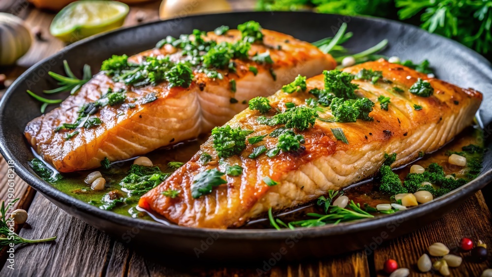 Juicy Grilled Salmon Fillets with Herbs & Garlic on Hot Pan - Stock Photo Juicy Grilled Salmon Fillets with Herbs & Garlic on Hot Pan - Stock Photo