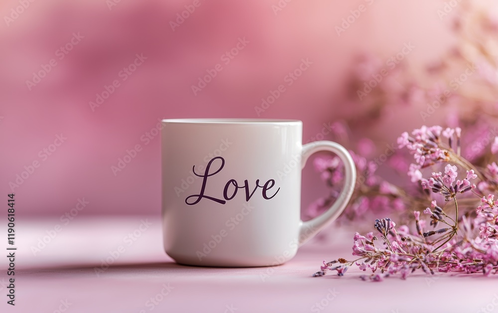 A romantic mug mockup with Love written in elegant cursive, placed on a soft pastel lavender background for valentines day A romantic mug mockup with Love written in elegant cursive, placed on a soft pastel lavender background for valentines day
