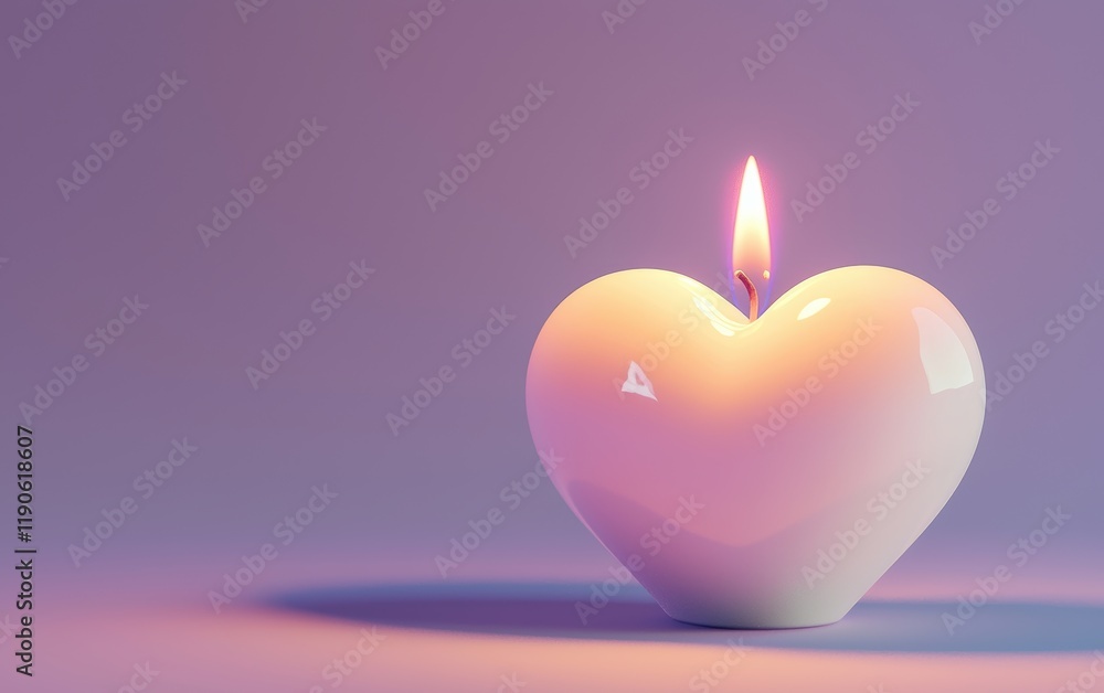 A romantic white candle with a heart motif glowing warmly on a pastel lavender background for valentines day A romantic white candle with a heart motif glowing warmly on a pastel lavender background for valentines day