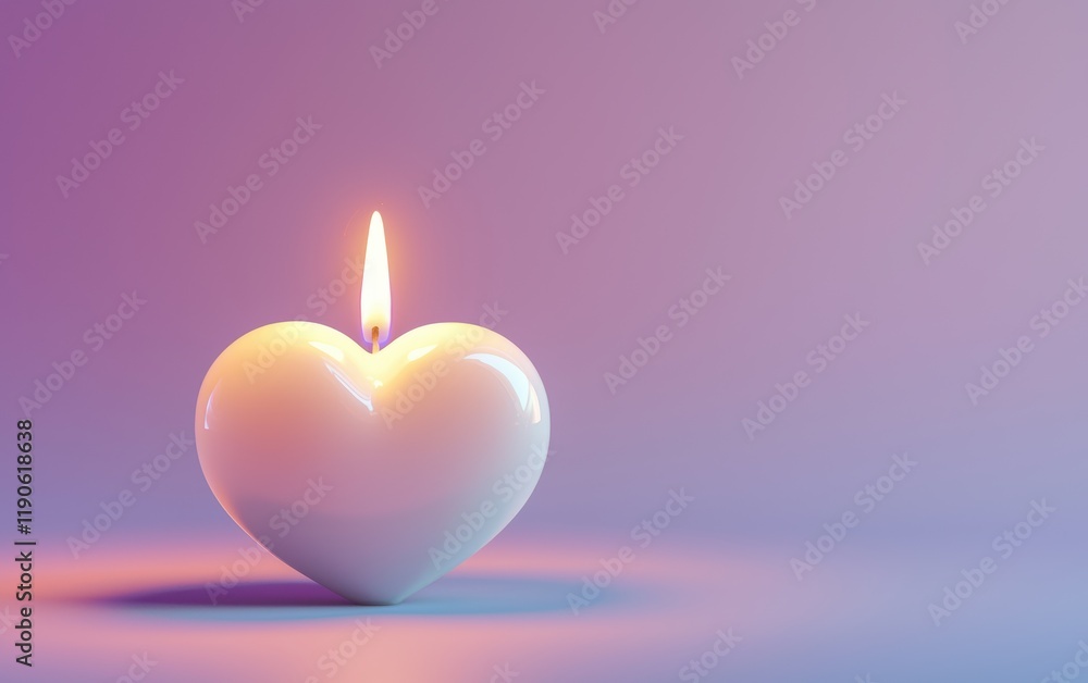 A romantic white candle with a heart motif glowing warmly on a pastel lavender background for valentines day A romantic white candle with a heart motif glowing warmly on a pastel lavender background for valentines day