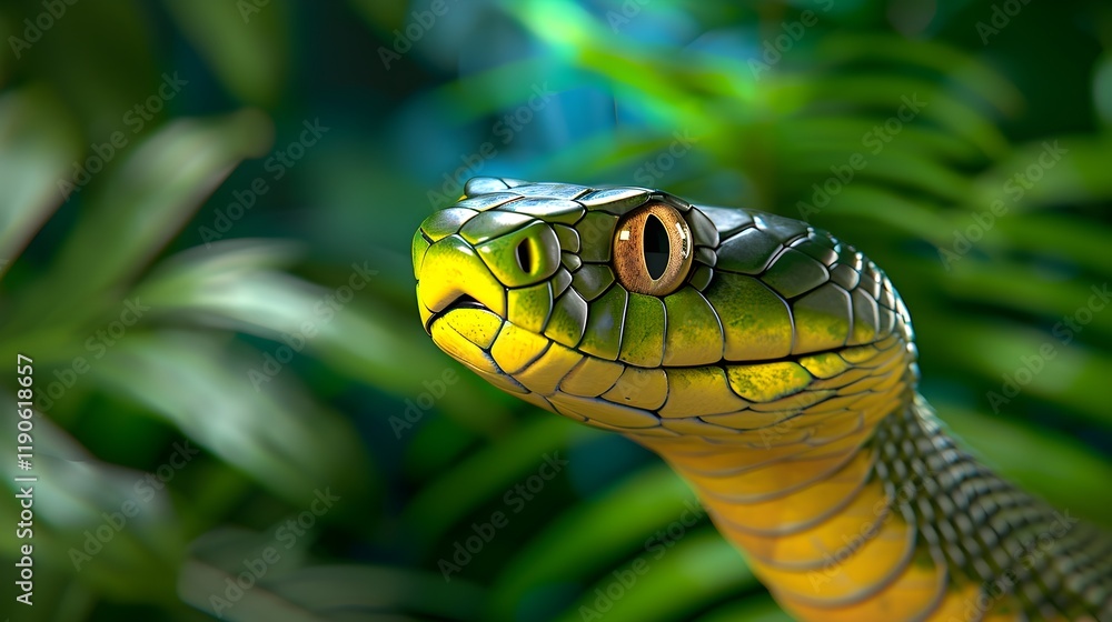 A close-up view of a vibrant blue snake, its head and neck prominently featured, amongst lush, vibrant green tropical leaves. A close-up view of a vibrant blue snake, its head and neck prominently featured, amongst lush, vibrant green tropical leaves.