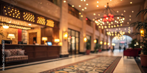 A Beautifully Blurred Hotel Lobby with Bokeh Lights, Evoking a Sense of Comfort and Luxury
