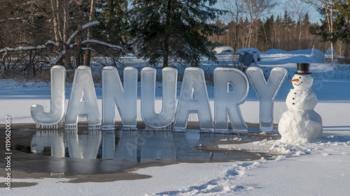 Photo of a Snowy Landscape with Melting 'January' Ice Letters, Snowman, and Footprints Generative AI photo