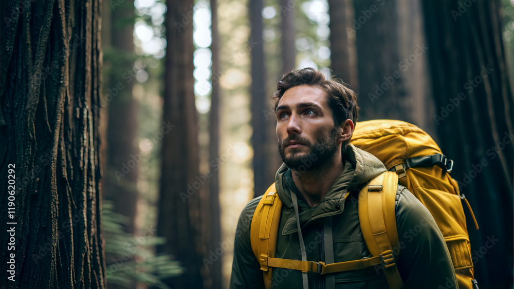 Man with yellow backpack hiking trough forest, adventure and lifestyle concept, nature background