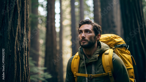 Obraz na płótnie Man with yellow backpack hiking trough forest, adventure and lifestyle concept, nature background w salonie