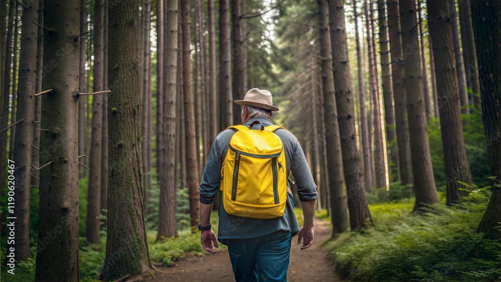 Man with yellow backpack hiking trough forest, adventure and lifestyle concept, nature background